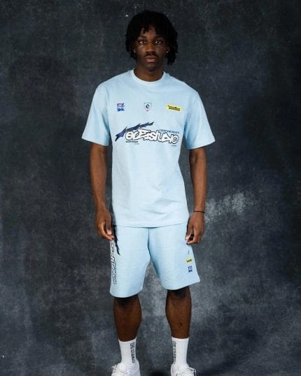 Ere Studios Midnight Trainingsanzug-Short-Set in Himmelblau mit grafischem T-Shirt und Shorts